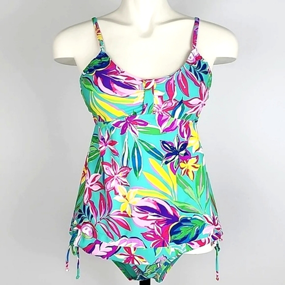 Stella Parker 2 Pc Tankini Swim Blue Multi Colour Floral Print Tiered Top Size M - Picture 3 of 15